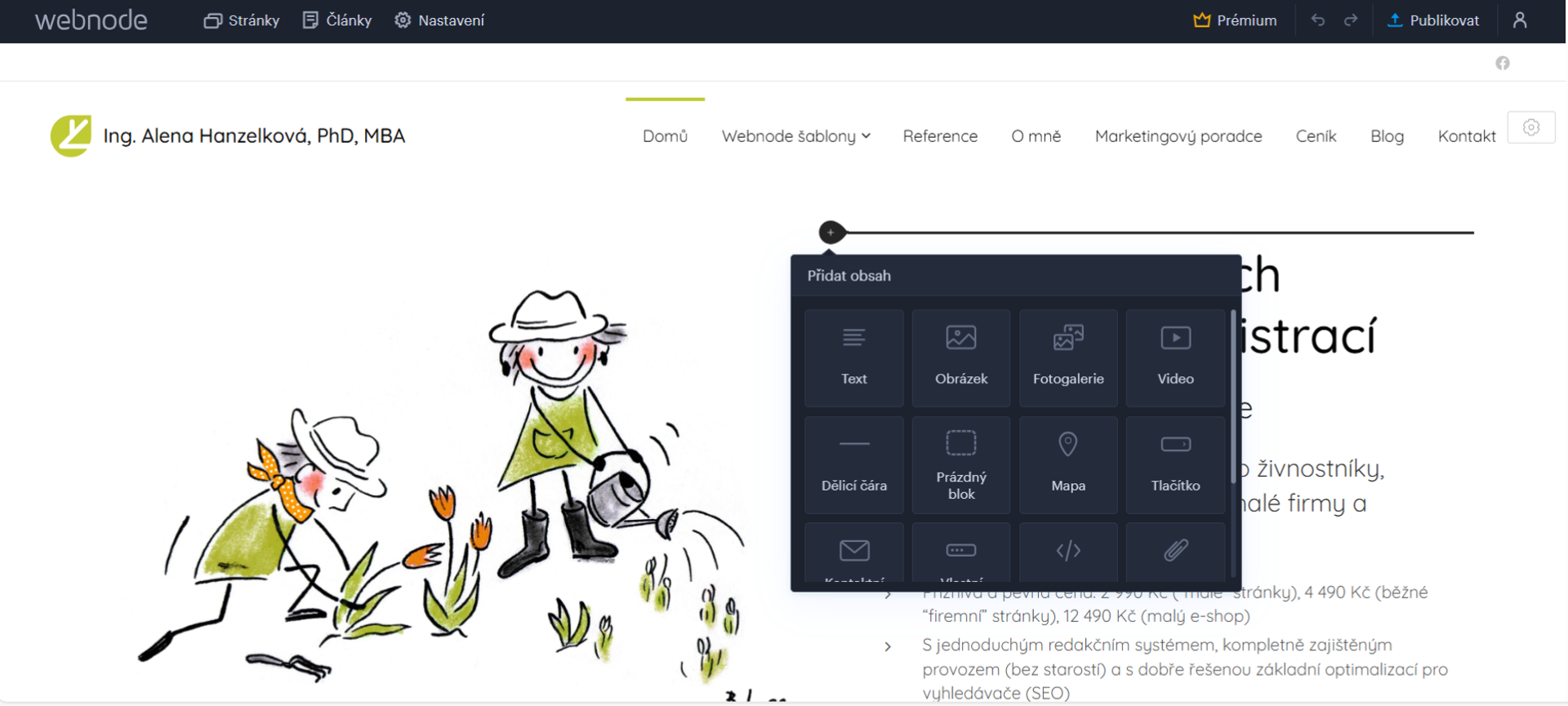 Redakční systém Webnode - jednoduchý blokový editor 