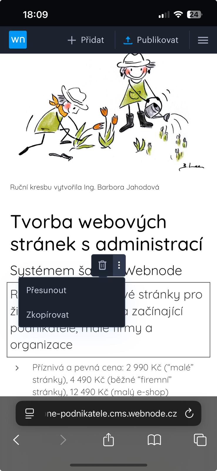 Administrace Webnode - stránky lze pohodlně editovat i z mobilu