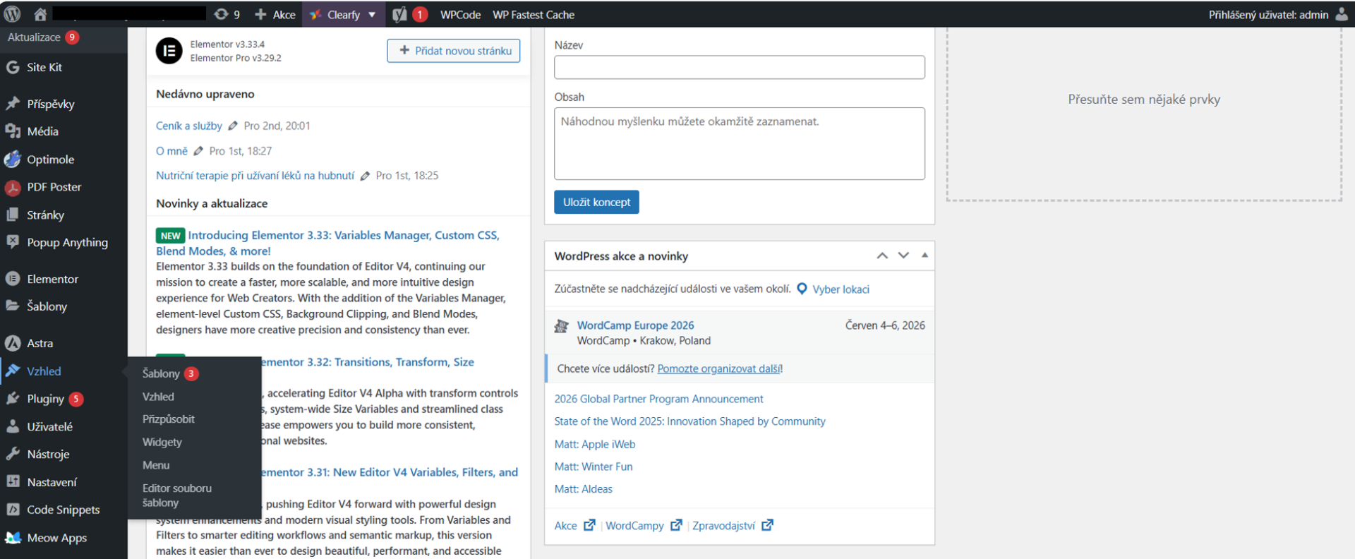 Ukázka administrace Wordpress - základní administrační rozhraní