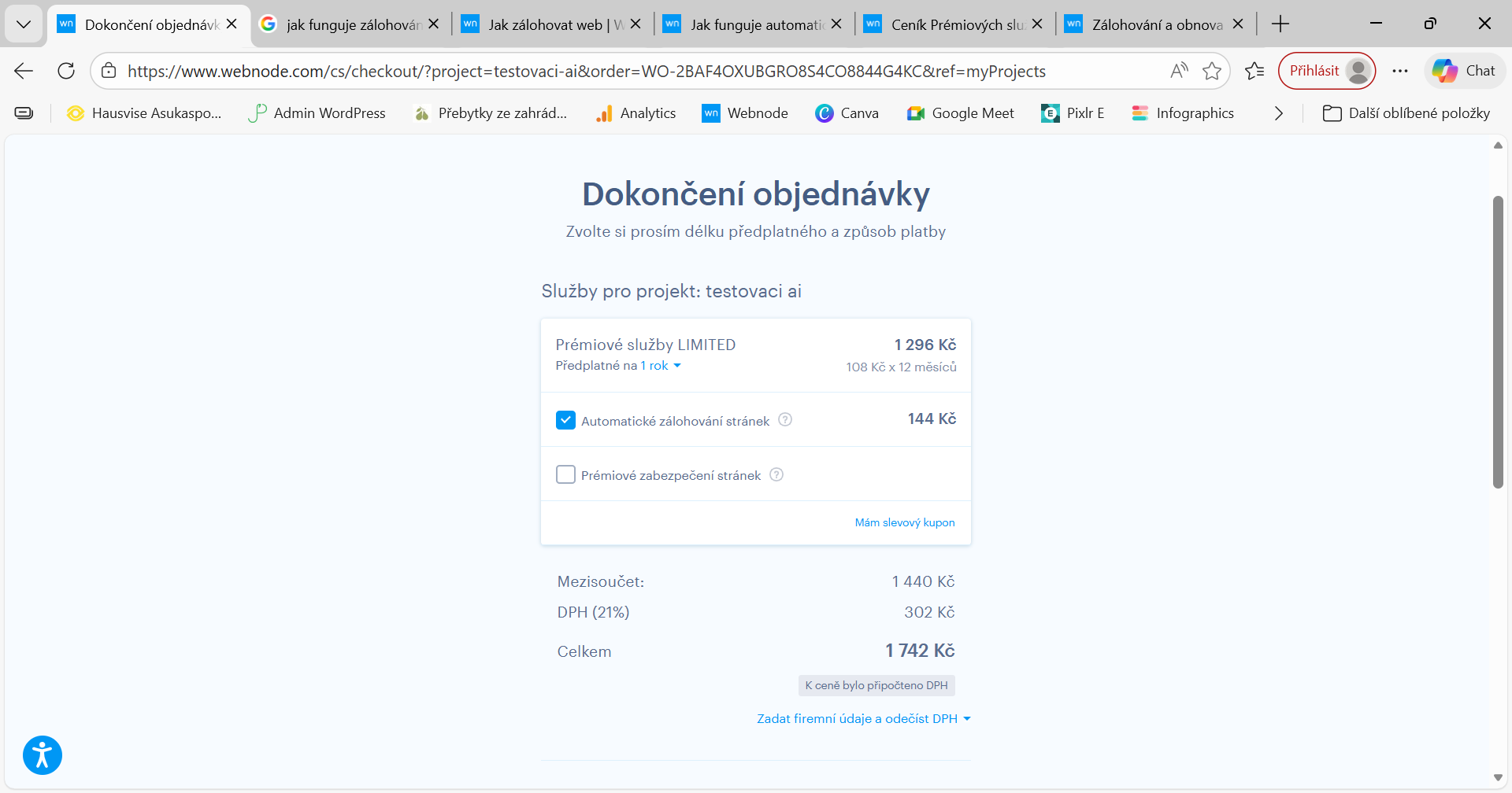 Objednání automatického zálohování stránek Webnode jako doplňkové služby u všech prémiových tarifů