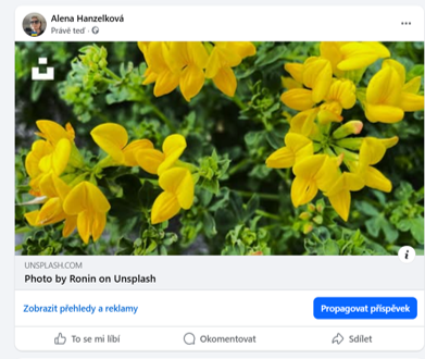Ukázka atribuce autora fotografie z databáze Unsplash.com na Facebooku