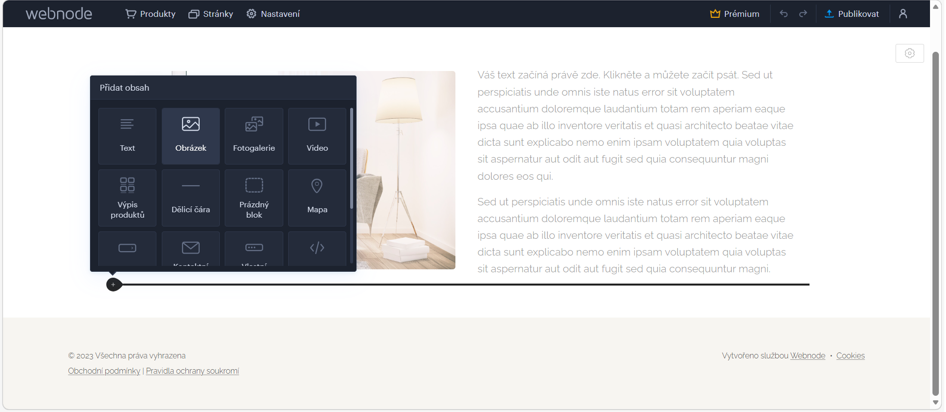 Pro vložení obrázku do stránky v šabloně Webnode v nabídce vyberte (klikněte na) "Obrázek"