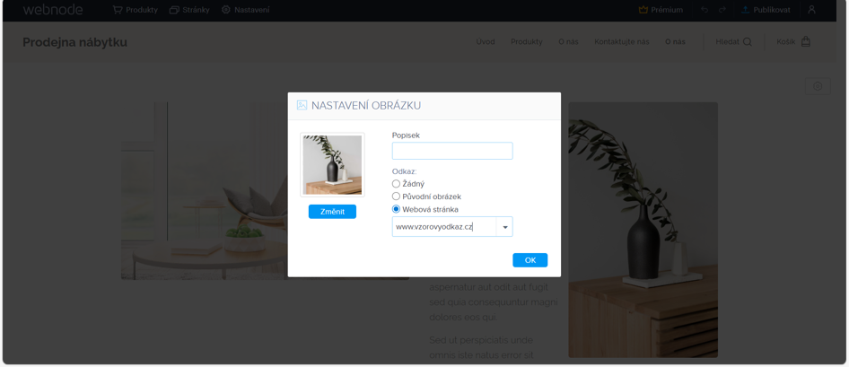 Do pole Popisek přidejte relevantní popis obrázku, při zatržení Webová stránka můžete přidat odkaz, který se uživateli otevře, když na obrázek klikne
