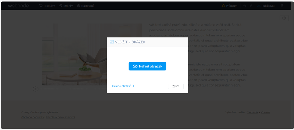 Pro nahrání vlastní fotografie do stránek Webnode klikněte na Nahrát obrázek