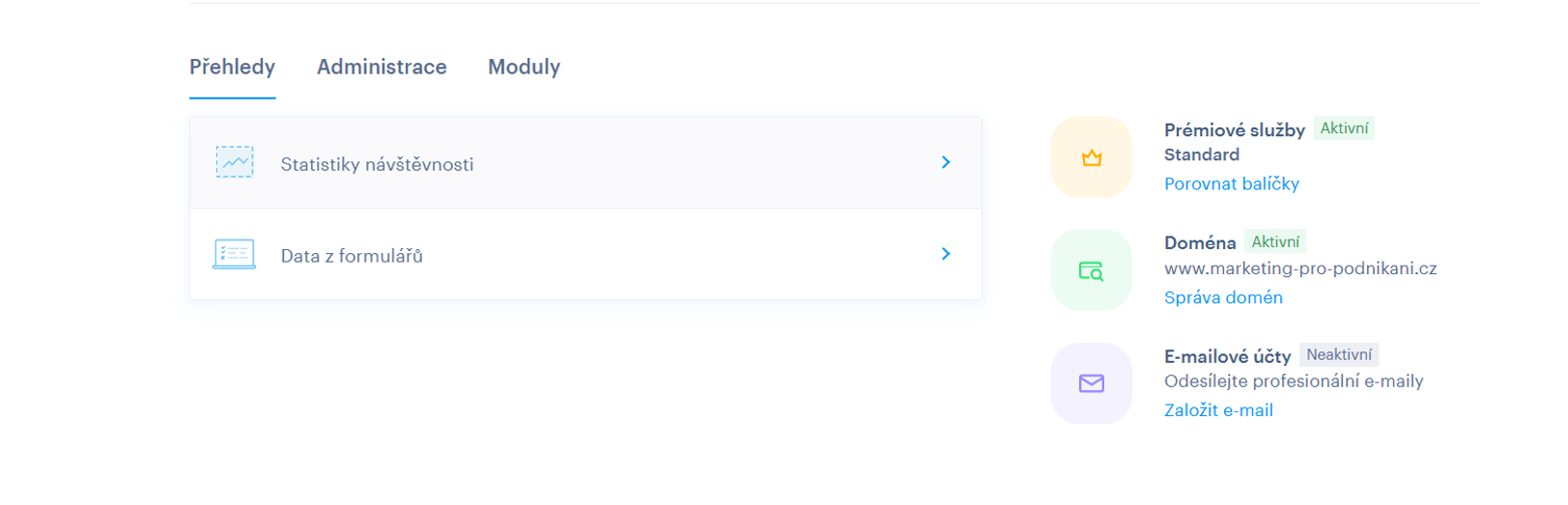Po vstupu do administrace Webnode sjeďte níže a klikněte na záložku Statistiky návštěvnosti - tím se dostanete do statistik přístupů vašich stránek