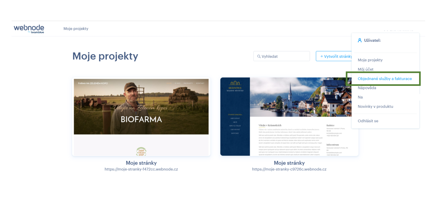 Kliknutím na profilové menu v pravém horním rohu administrace Webnode rozbalíte nabídku, kde zvolíte položku "Objednané služby a fakturace".