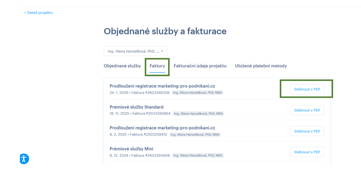 Následně najdete Vaši fakturu Webnode opět v záložce Faktury, stáhnou ji můžete jako soubor PDF tlačítkem napravo Sáhnout v PDF