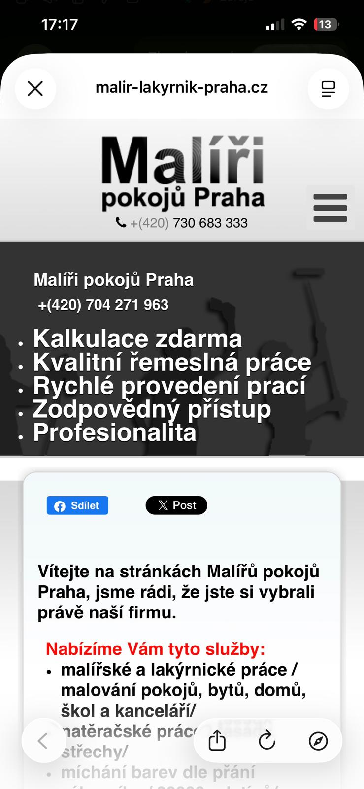 Obsahové SEO - ukázka stránky s Key word stuffing (nevhodně opakovaně použitým klíšovým slovem) s klíčovým slovem Malíři pokojů Praha