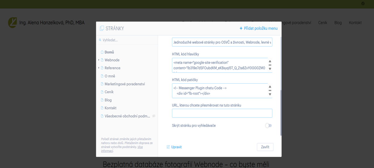 Přesměrování po úpravě URL nebo smazání stránky můžete ve Webnode provést v nastavení nové stránky – v sekci SEO nastavení stránky, pole URL, kterou chcete přesměrovat na tuto stránku.