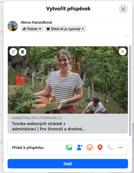 Stránka Webnode, s vhodně zvoleným náhledovým obrázekem - sdílení stránky na Facebook. Podceňování náhledových obrázků pro sociální sítě (Open Graph tagy)