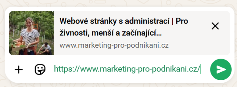 Stránka Webnode, s vhodně zvoleným náhledovým obrázkem - sdílení stránky na WhatsApp. Podceňování náhledových obrázků pro sociální sítě (Open Graph tagy)