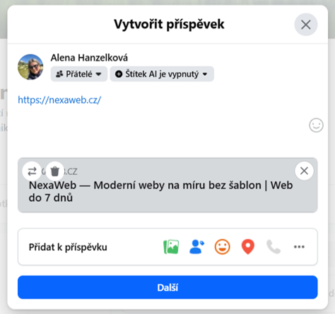 Webová stránka, bez nastavení náhledového obrázku - sdílení stránky na Facebook. Podceňování náhledových obrázků pro sociální sítě (Open Graph tagy)
