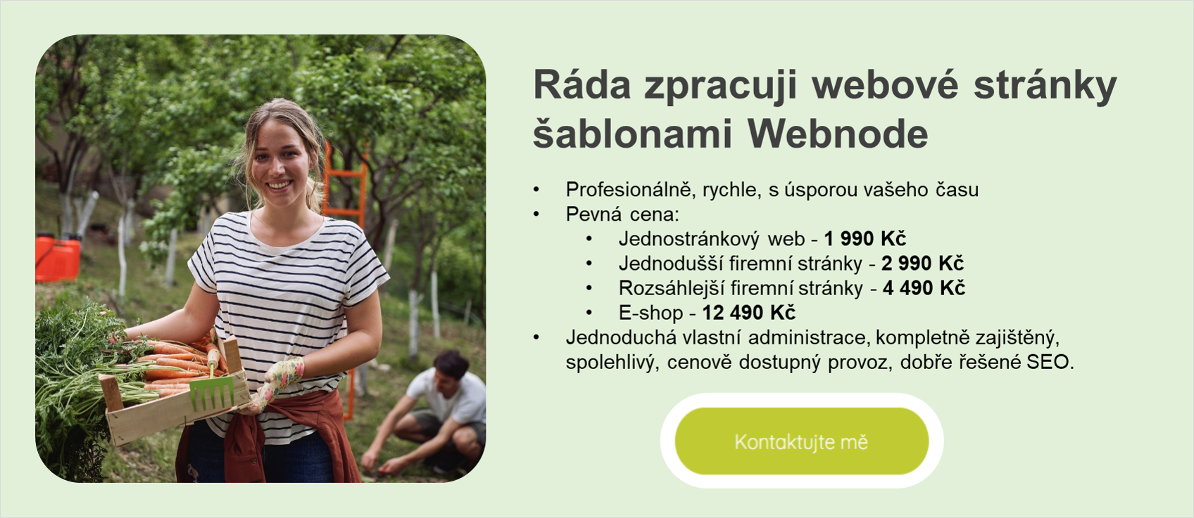 Nabídka zpracování levných webových stránek pro živnosti, začínající a menší podnikatele, šablonami Webnode.