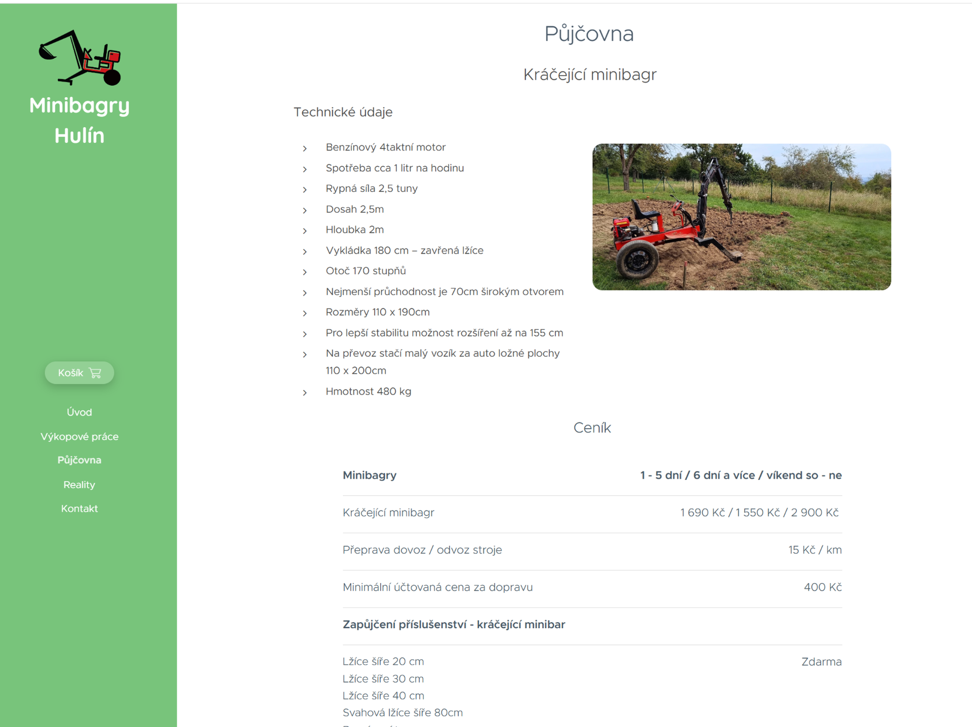 Minibagry Hulín - půjčovna a E-shop - ukázka zpracování webových stránek zpracovatel Alena Hanzelková